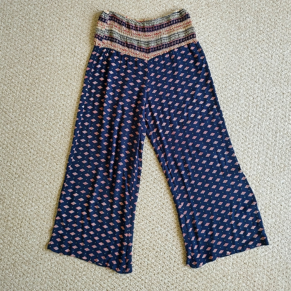 True Destiny Smocked Waist Boho Wide Leg Crop Pants Blue M
